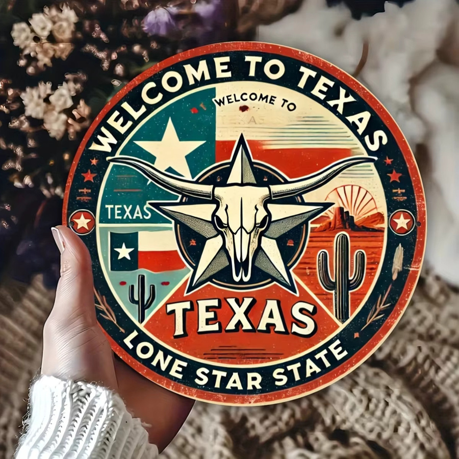 Potdemiel Rundes Aluminiumschild Texas Unabhängigkeit Star State Vintage Wandkunst, Durchmesser: 20 cm, Mehrfarbig - Bild 4