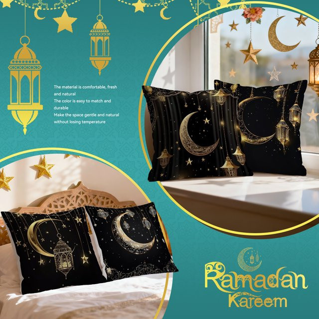 Dekorativer Kissenbezug mit Sterne Mond Ramadan Motiv in Schwarz aus Polyester - Bild 1