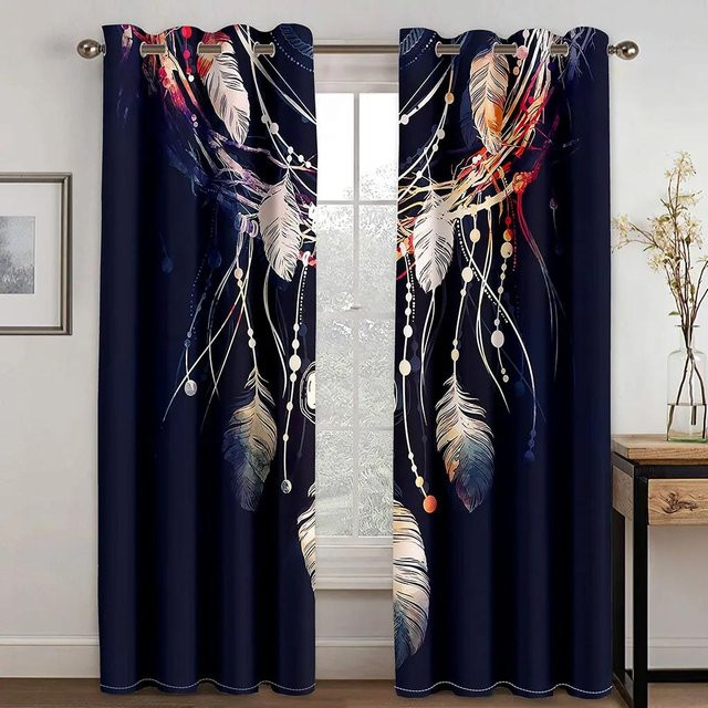 Yiran Furniture Boho Wolf Traumfänger Vorhang mit Grafik, Mehrfarbig, Breite: 55 cm, Höhe: 120 cm, 2er-Set - Bild 1