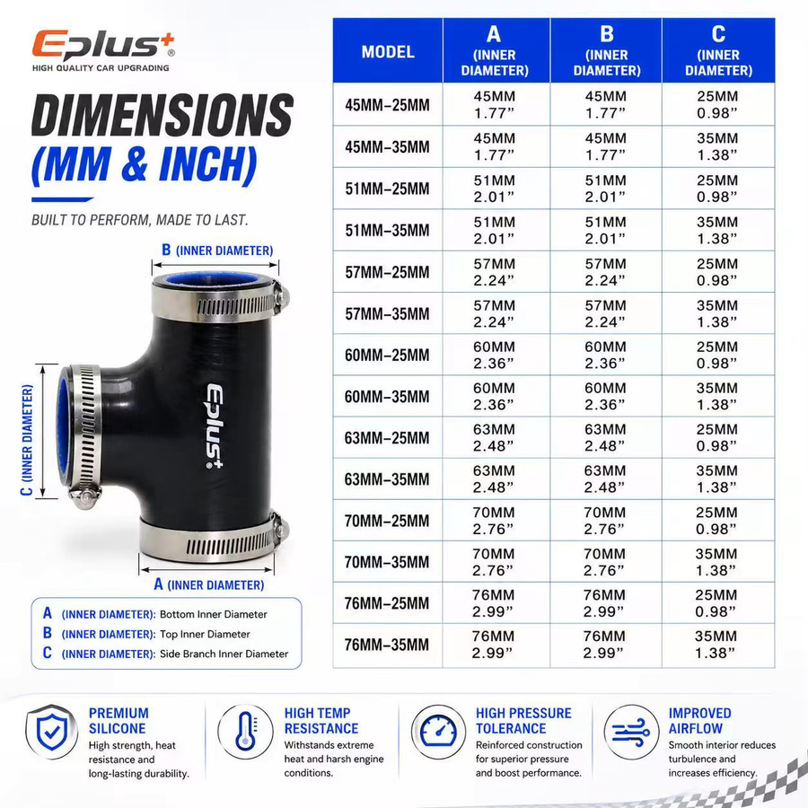 Eplus+ Schwarzer 3-Wege-T-Schlauch aus Silikon, Universeller Lufteinlass-Turboschlauch und verstärkter Ladeluftkühler-Adapter - Bild 2