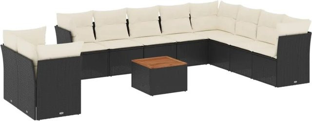 vidaXL 11-teilige Garten-Sofagarnitur in L-Form aus Polyrattan mit Kissen und Tisch in Schwarz - Bild 1