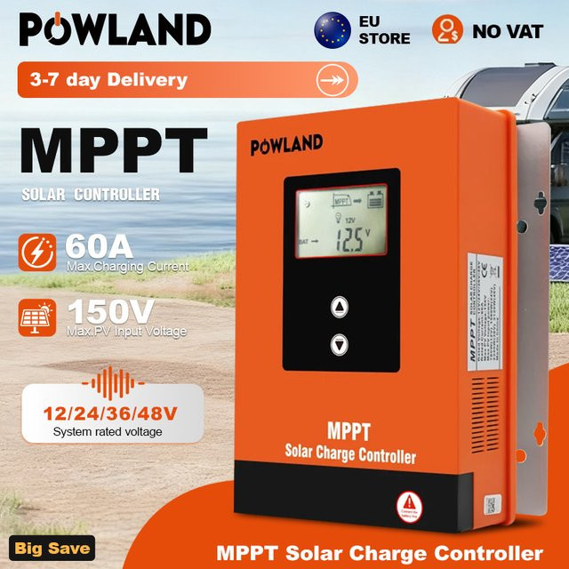 POWLAND MPPT Solar Laderegler für Blei-Säure und Lithium Batterien, 12V 24V 36V 48V, Max. PV 150VDC, Farbe: Orange - Bild 1
