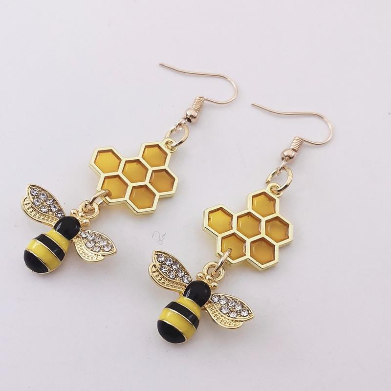 Ohrringe Bienenwaben-Emaille-Metall, Kristall, Gold, Damen - Bild 2