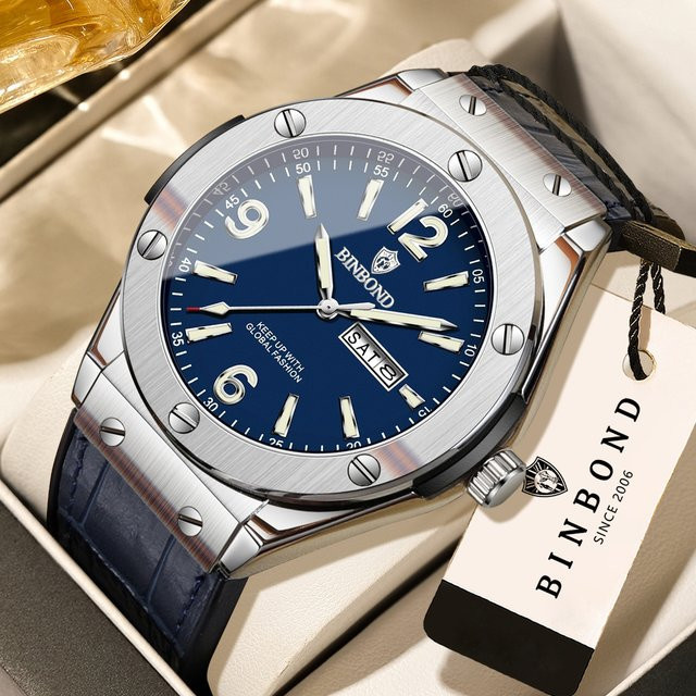 BINBOND Armbanduhr Quarz, Edelstahl, Leder, Blau, Herren - Bild 1