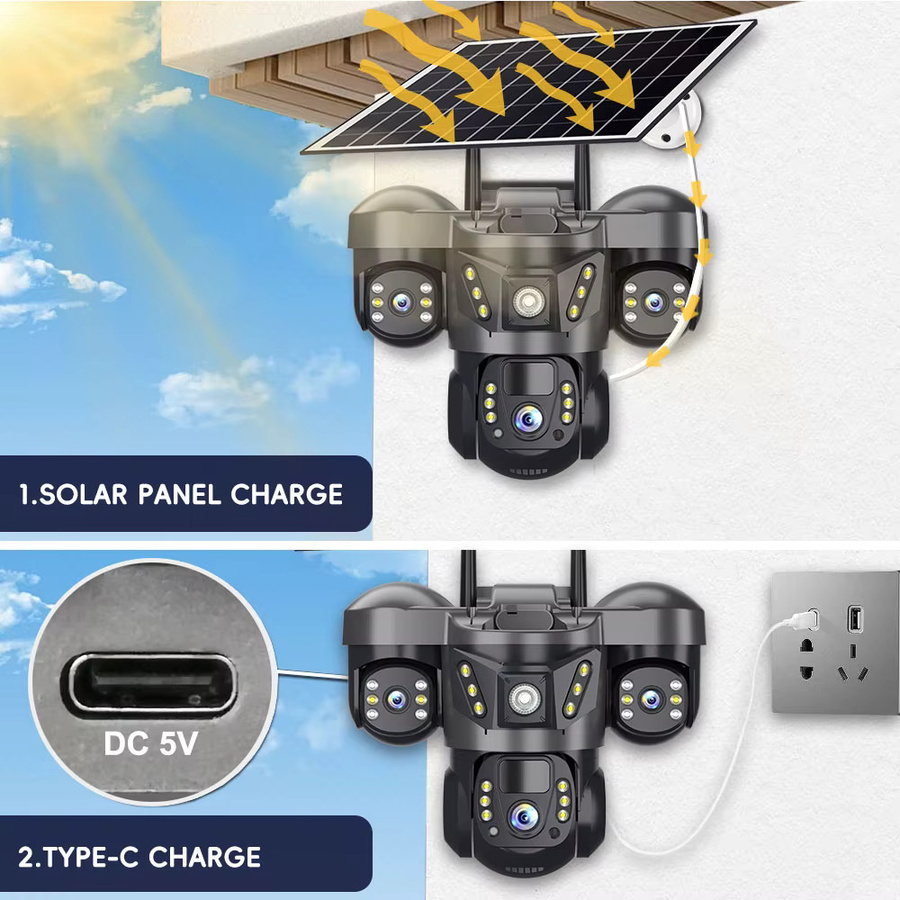 V380 Pro Triple Linsen WiFi Solar Kamera mit PIR Menschlicher Erkennung, Wasserdichte CCTV Sicherheitskamera mit Nachtsicht in Schwarz - Bild 3