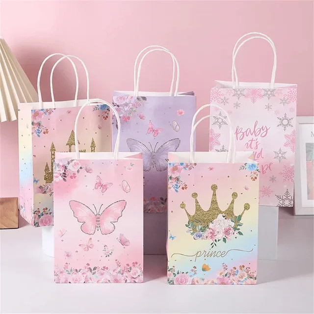 10 Stück Geschenktüten aus Papier mit Schmetterlings-Blumen-Schneeflocken-Print und Griff für Geburtstag, Hochzeit oder Party - Bild 1