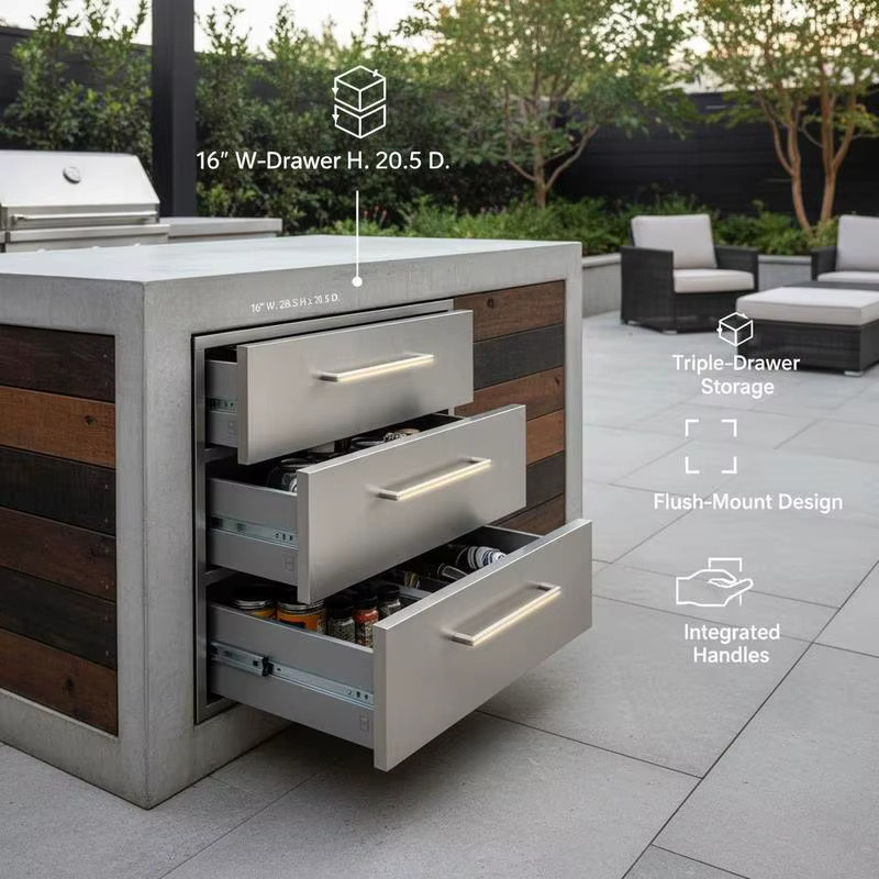 Edelstahl Outdoor-Küchenschubladen in Silber, Grillinselschubladen mit Griff für die Außenküche, B: 40,64 cm, H: 72,39 cm, T: 52,07 cm - Bild 3
