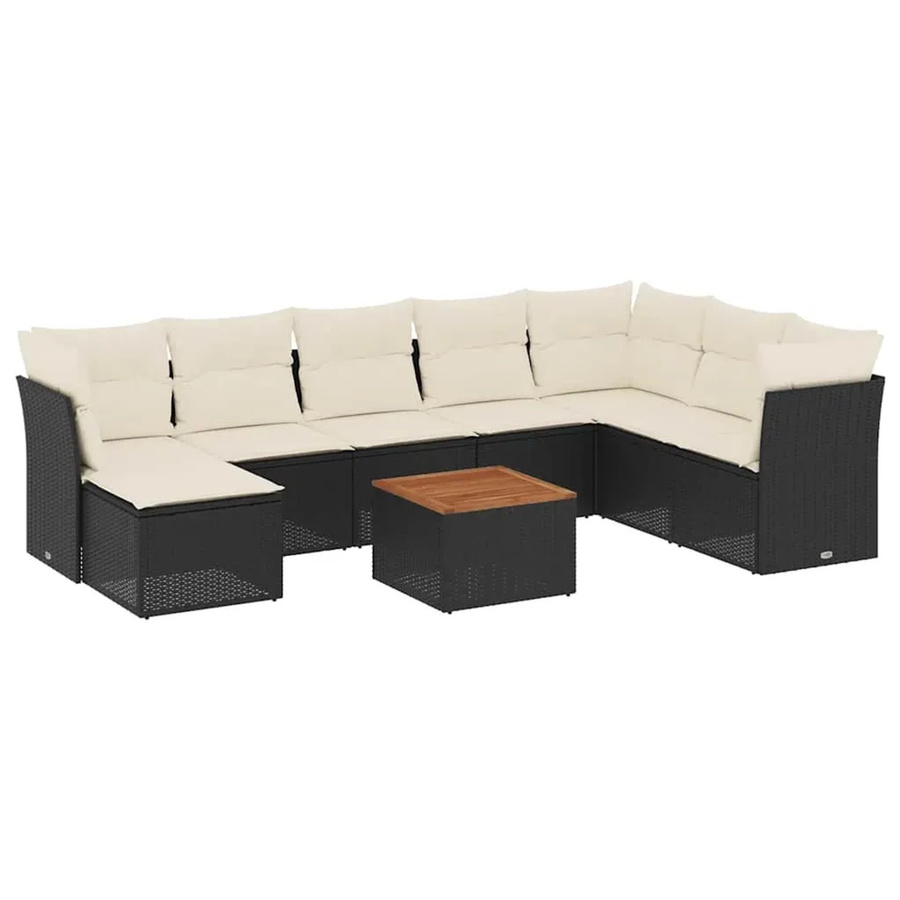 vidaXL 9-teilige Garten-Sofagarnitur in L-Form aus Poly-Rattan und pulverbeschichtetem Stahl mit Kissen in Schwarz-Creme - Bild 2
