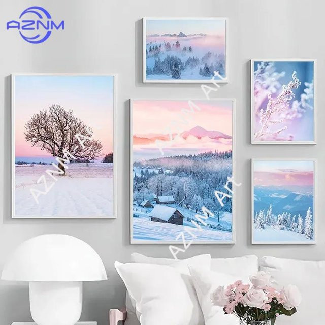 KAYOU Leinwandkunst Nordische Winter-Schneestadt mit Seehaus und Waldblumen, Mehrfarbig, Rechteckige Wanddekoration - Bild 1