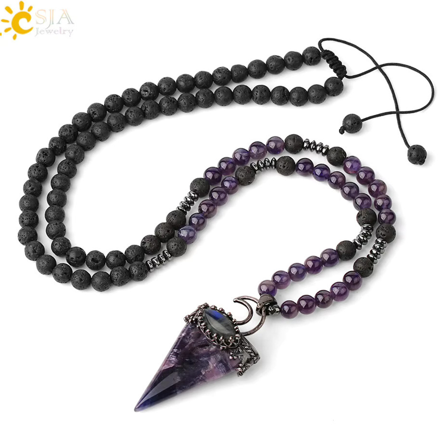 CSJA Halskette, Dreieck Anhänger, Perlen, Natursteine, Lila, Rosa Quarz, Schwarz Obsidian, Unisex - Bild 1