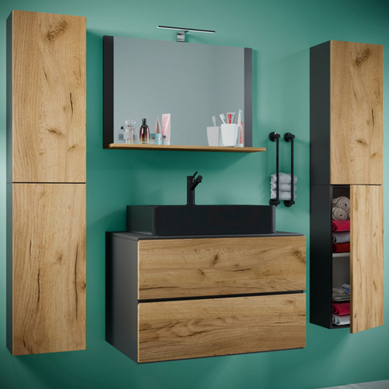 VCM Badmöbel Set Lendas S BL in Schwarz, 5-tlg. Waschplatz mit Keramik-Waschtisch, Unterschrank mit Schubladen und Drehtüren, Hochschrank und Spiegel, Breite: 60 cm - Bild 3