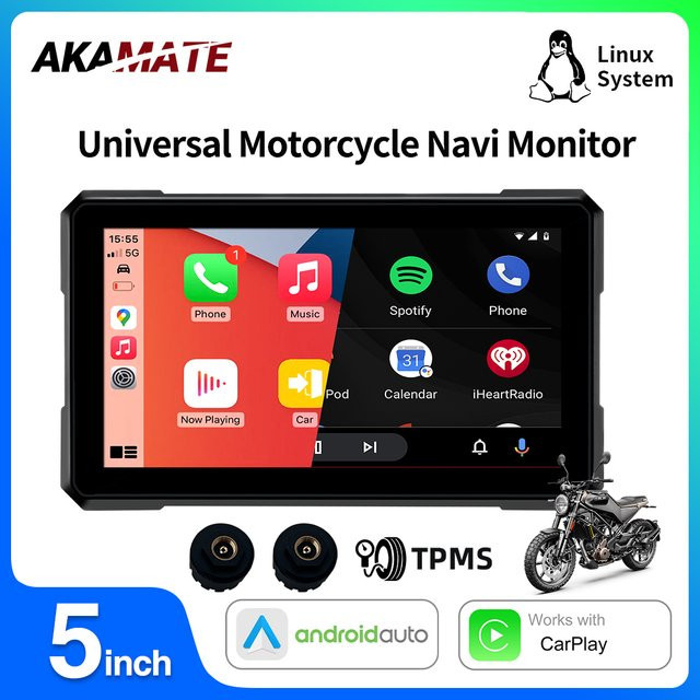 AKAMATE Tragbarer 5 Zoll Motorrad CarPlay und Android Auto Monitor, Wasserdichtes Bluetooth Dashboard Display in Schwarz - Bild 1