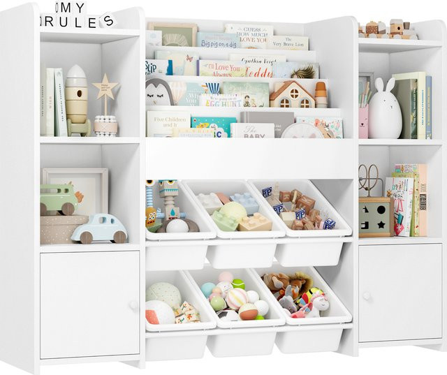 Getone Kinderregal für das Kinderzimmer mit 6 Boxen und 8 Regalen, Spielzeugtruhe und Bücherregal in Grün und Weiß, B/T/H: 119 x 29,5 x 94 cm - Bild 1