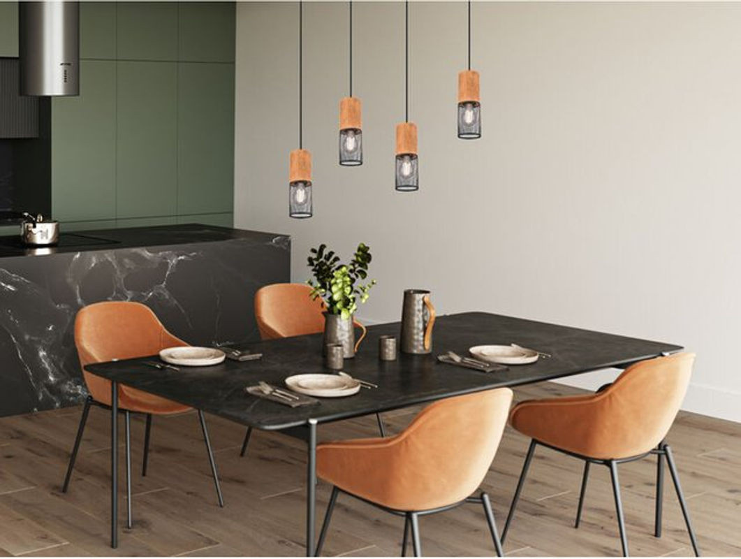 Trio Pendelleuchte Tosh in Schwarz und Holz mit 4 Draht Lampenschirmen, Breite: 65 cm - Bild 1