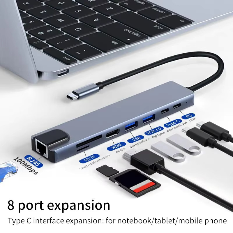 8 in 1 USB-C Hub Adapter in Silber mit 4K HD HDMI, RJ45 Ethernet, SD/TF Kartenleser und PD Schnellladefunktion für MacBook und Notebook - Bild 2