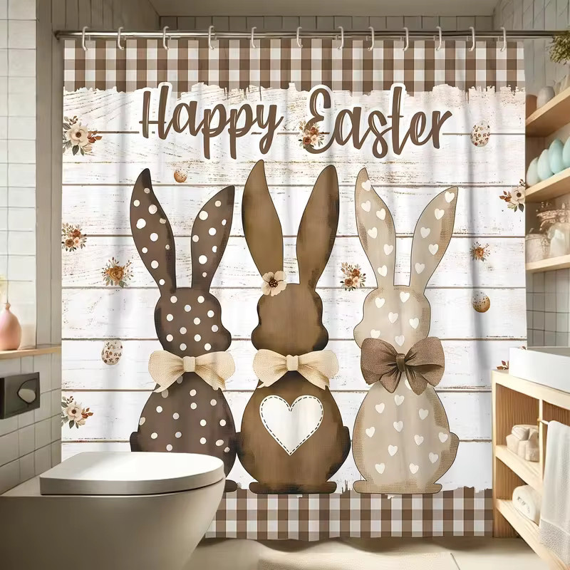 VIKAMA Happy Easter Duschvorhang im Landhausstil mit Hasen-Silhouette, wasserdichter Textil-Badezimmervorhang, Höhe: 180 cm, Breite: 90 cm - Bild 2