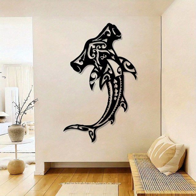 CIFBUY Hammerhai Wandskulptur aus Eisen in Schwarz, rustikale Vintage Metallkunst zur Wandmontage - Bild 1
