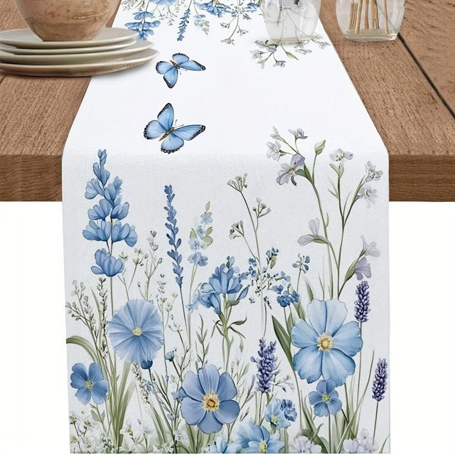 JINGYUE Pet Tischläufer aus Leinen in Frühlingsblau mit floralem Lavendel- und Schmetterlingsmuster, B/H: 150 x 33 cm - Bild 1