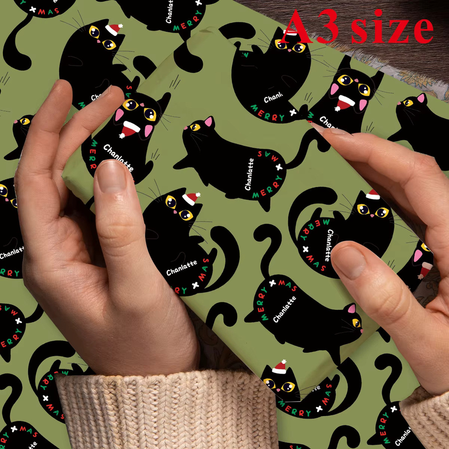3 Blatt individuelles Weihnachtspapier mit schwarzem Katzen-Design in Grün zum Basteln und Verpacken von Geschenken - Bild 6