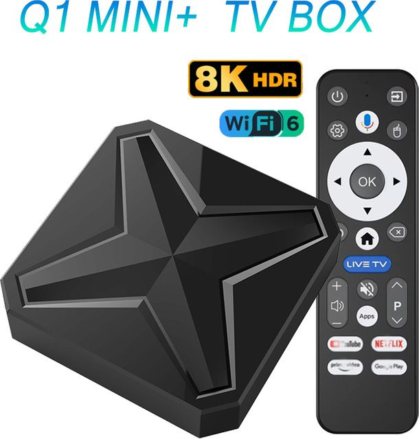 Ilebygo TV Box Q1 MINI+ Android 14.0 Smart Set Top Box mit 8K, Wifi6, Bluetooth 5.4 und Sprachfernbedienung, 2GB RAM, 16GB Speicher, Schwarz - Bild 1