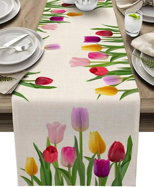 JINGYUE Pet Tischläufer aus Leinen mit Frühlings-Tulpenblumen-Design in Weiß, B/T: 150 x 33 cm - Bild 1