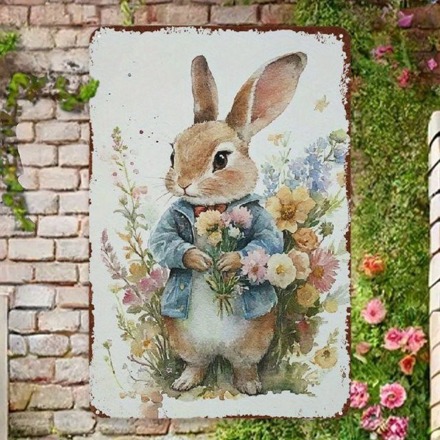 Rustikales Metallblechschild mit Vintage-Babyhasen als Oster-Wanddekoration für Frühling und Zuhause, Mehrfarbig, B: 20,32 cm, H: 30,48 cm - Bild 1