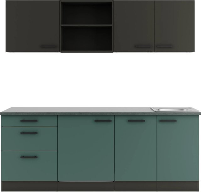 Optifit Küchenzeile KPMV 2199R-9+ Madrid420/Verona405 in Anthrazit und Steingrün, Breite: 210 cm - Bild 1