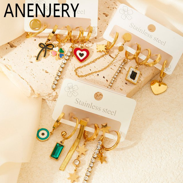 ANENJERY Ohrringe, 316L Edelstahl, Herz Auge, Bunte Zirkon, Quasten, Damen - Bild 1