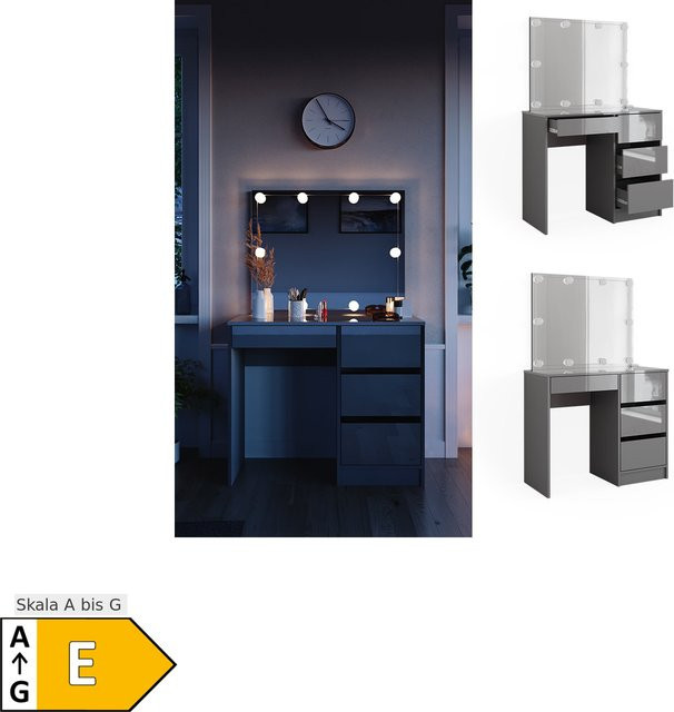 Vicco Schminktisch Sherry Grau Hochglanz mit LED-Beleuchtung und Hocker, B: 90 cm, H: 75 cm, T: 40 cm - Bild 1