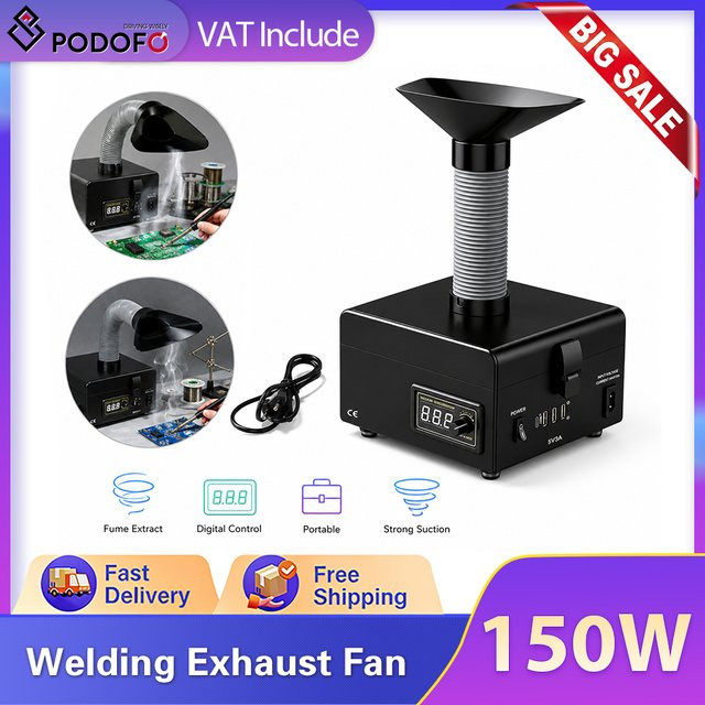 Podofo Rauchabsauger 150W Lötdampf-Extraktor in Schwarz mit 3-Stufen-Filtern und LED, B/T/H: 195 x 175 x 118 mm - Bild 1