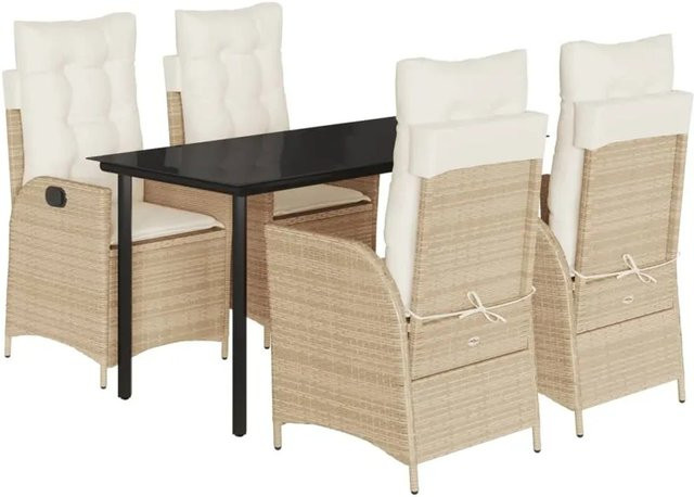 vidaXL 5-teilige Garten-Essgruppe aus Poly Rattan mit Kissen in Beige und Cremeweiß sowie Glastisch - Bild 1
