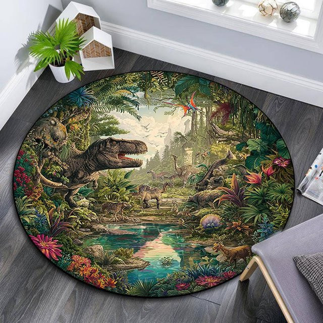 Runder Teppich mit Dinosaurier-Motiv von Manus Home, rutschfest und waschbar, Multicolour, Durchmesser: 80 cm - Bild 1