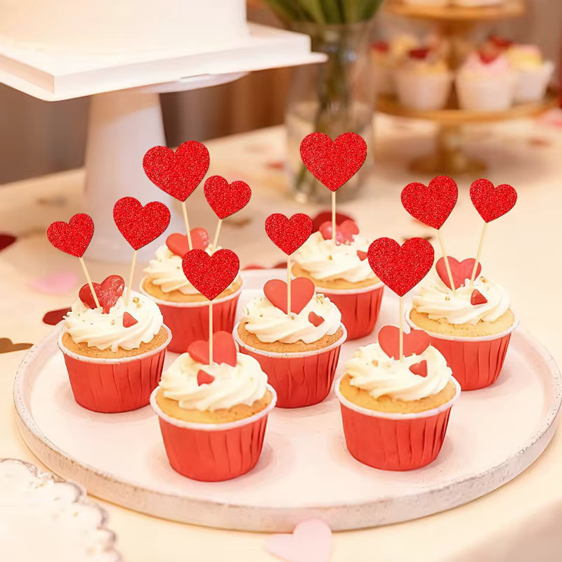 YOMDID 20 Stück Herz-Kuchenaufsätze in Rot, glitzernde Cupcake-Picks für Valentinstag und Hochzeitstorten-Dekorationen - Bild 2