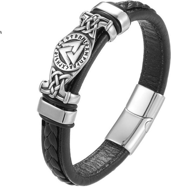 Armband Leder geflochten, Vegvisir Amulett, Schwarz, Herren, 19cm - Bild 1