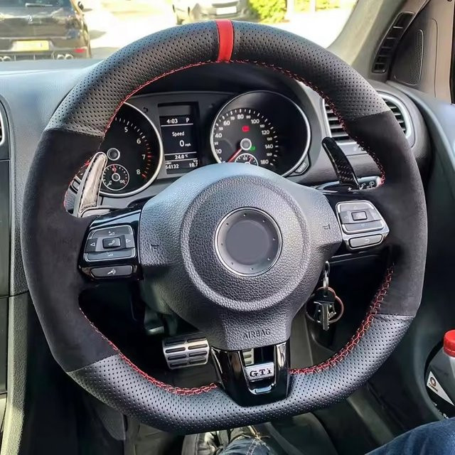 WUNHKF Lenkradbezug aus Wildleder zum Handnähen in Schwarz für Volkswagen Golf 6 GTI MK6 Polo GTI Scirocco R Passat CC R-Line - Bild 1