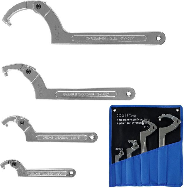 CCLIFE 4tlg Gelenk C Hakenschlüssel Set aus Chrom-Vanadium in Silber, verstellbarer Nutmutterschlüssel für Nutmuttern 19-170mm - Bild 1