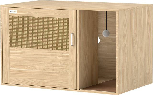 Aosom PawHut Katzenklo-Möbel als Beistelltisch mit Rattan-Tür und Kratzmatte, Farbe Eiche, B/T/H: 80 x 50 x 50 cm - Bild 1