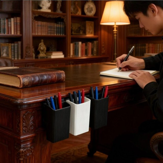 Clip-On Stifthalter ohne Bohren in Weiß aus Kunststoff – Verstellbarer Schreibtischclip für Kanten von 1–3,5 cm als Stift- und Marker-Organizer für dein Büro - Bild 1