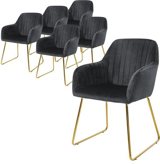 6er Set Esszimmerstühle ML-Design aus Samt in Grau mit Armlehnen und Metallgestell - Bild 1