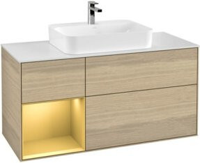 V&B Waschtischunterschrank Finion in Weiß mit Regal links und Goldgriffen, Breite: 120 cm, Tiefe: 50,1 cm, Höhe: 50,1 cm - Bild 1