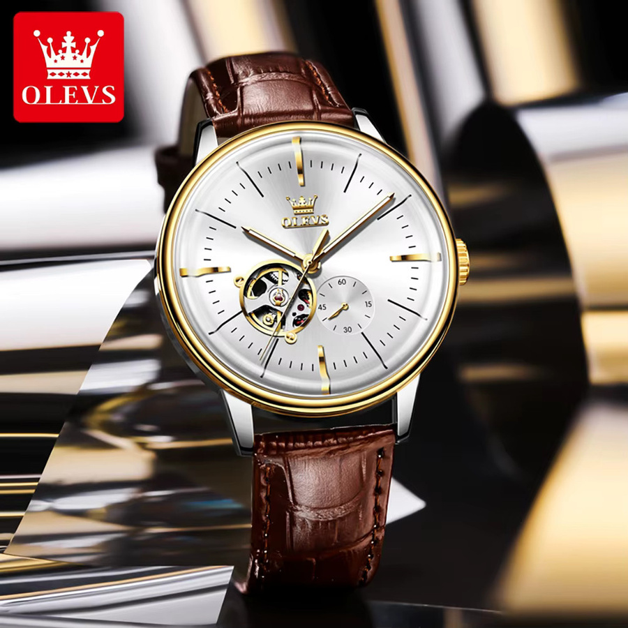 OLEVS Armbanduhr, Automatik, Edelstahl, Gold, Leder, Herren - Bild 4