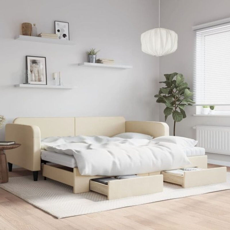 Vidaxl Funktionsbett Tagesbett ausziehbar mit Schubladen in Beige aus Stoff und Metall B/T/H: 100 x 200 cm - Bild 1