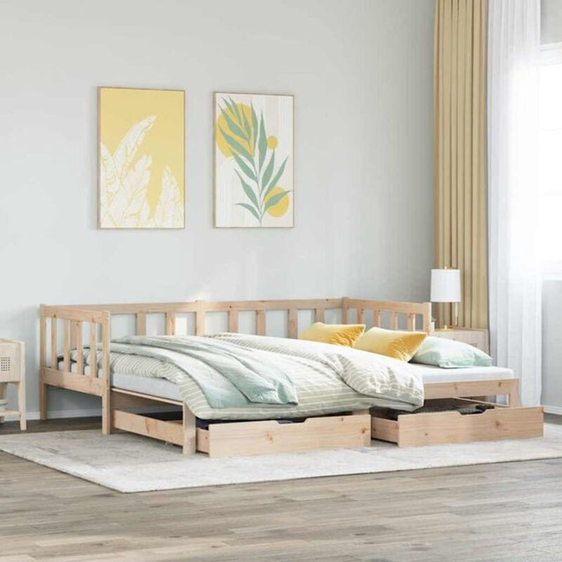 Ausziehbares Tagesbett aus Kiefer Massivholz mit Schubladen von vidaxl in Natur Braun, B/T/H: 90 x 200 cm, ohne Matratze - Bild 1