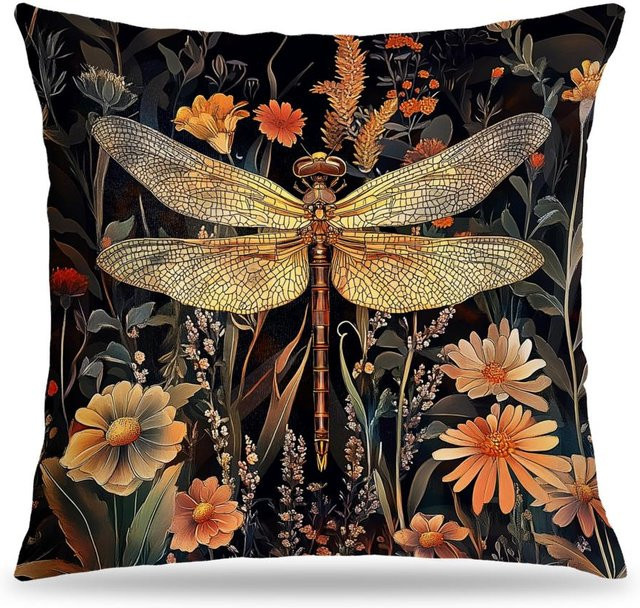 VIKAMA Kissenbezug mit goldenem Libellen- und Wildblumenmuster in Beige, B/B: 30 x 30 cm - Bild 1