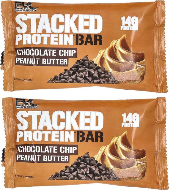 EVLution Nutrition Stacked Protein Riegel Schokoladenstückchen Erdnussbutter 2 x 65 g - Bild 1