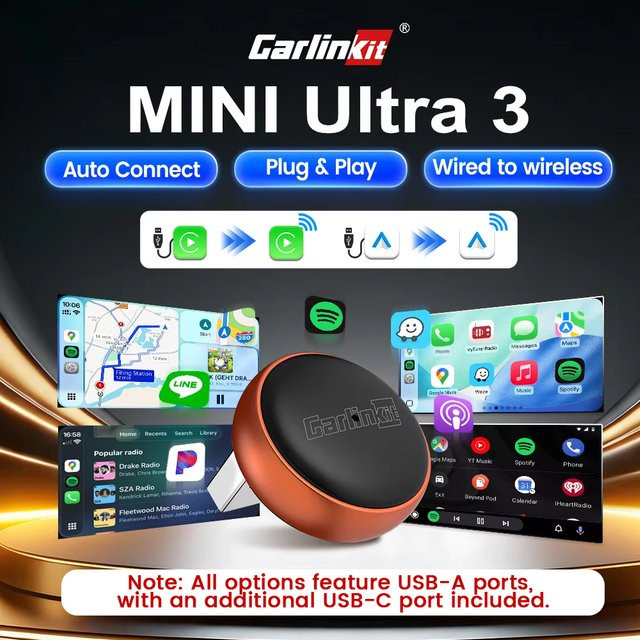 Carlinkit Mini Ultra 2in1 Adapter für kabelloses CarPlay und Android Auto mit 5GHz WLAN, USB-C und USB-A, Schwarz/Orange - Bild 1
