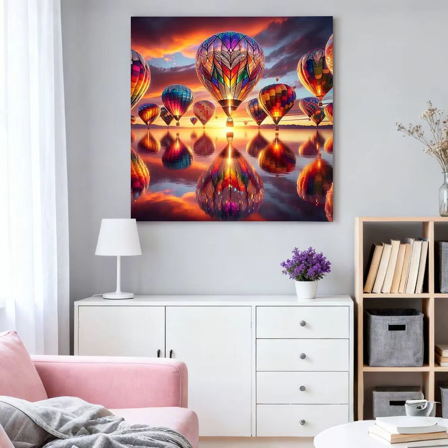 HUACAN Diamant-Mosaik Set Heißluftballon Landschaft mit Sonnenuntergang, Wanddekoration als Diamant-Gemälde in Multicolor, B/H: 20 x 20 cm - Bild 3