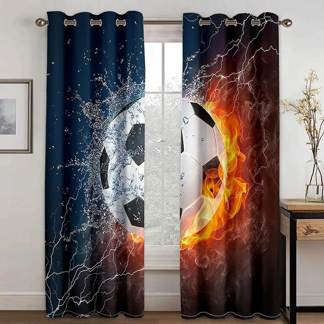 Yiran Furniture Fußball Vorhänge mit 3D-Muster für Kinderzimmer und Wohnzimmer, 2er-Set, Mehrfarbig, B: 60 cm, H: 60 cm - Bild 1
