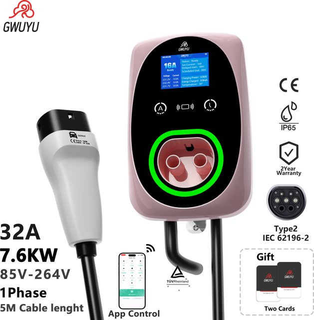 GWUYU Wandmontierte Elektrofahrzeug-Ladestation Typ 2 in Rosa und Weiß mit 7,6kW Leistung, App-Steuerung und 5m Kabel - Bild 1
