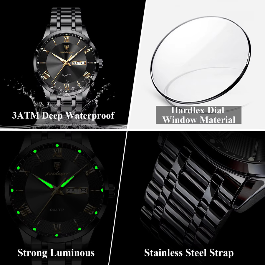 POEDAGAR Armbanduhr Edelstahl, Quarz, Wochentag, Datum, Herren, Schwarz - Bild 4